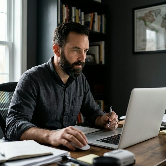 Professor(a) brasileiro(a) usando notebook com confiança